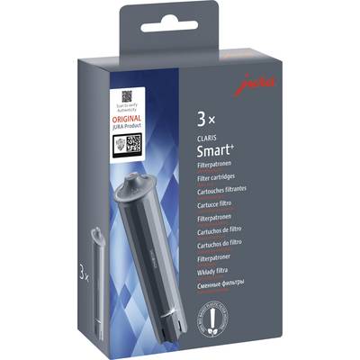 Jura Claris Smart+ water filter packaging showcasing text in multiple languages with an image of a filter cartridge.