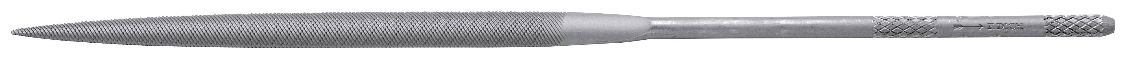 Metal file with a knurled handle, cylindrical file surface, suitable for smoothing and shaping metal surfaces.