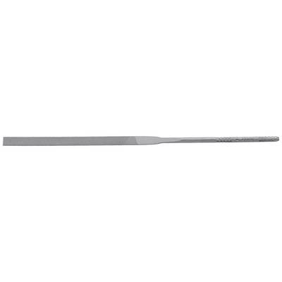 A narrow metal file with a ribbed surface and a smooth handle, used for precise grinding and shaping of materials.