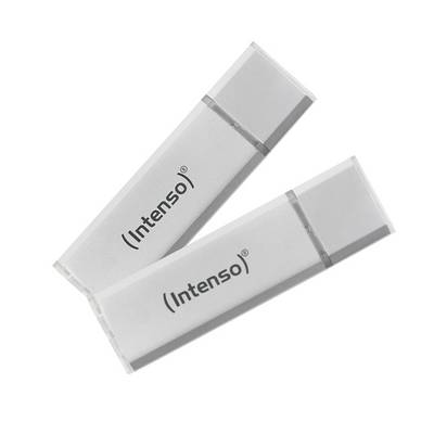 Two silver USB sticks from the brand 'Intenso' are lying diagonally on top of each other. Both sticks have a minimalist design with no visible ports.