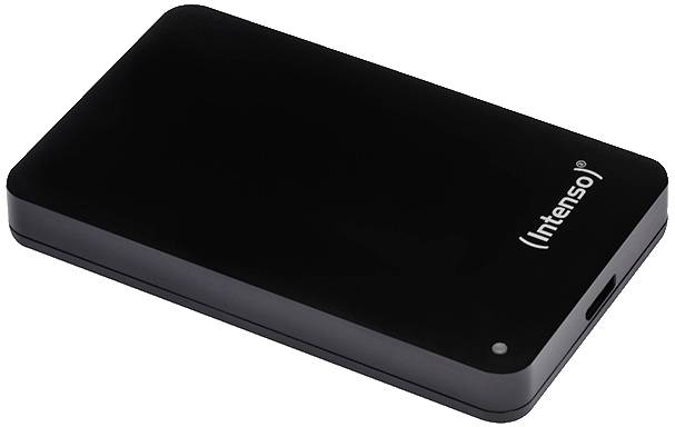Black external hard drive by Intenso. Compact, rectangular design with rounded corners. DustPort visible on one side.