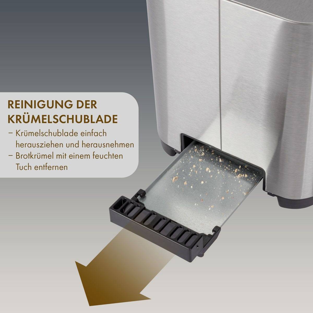 A crumb tray is pulled out of a toaster. Text explains cleaning: 'Pull out the crumb tray, remove crumbs, use a damp cloth.'