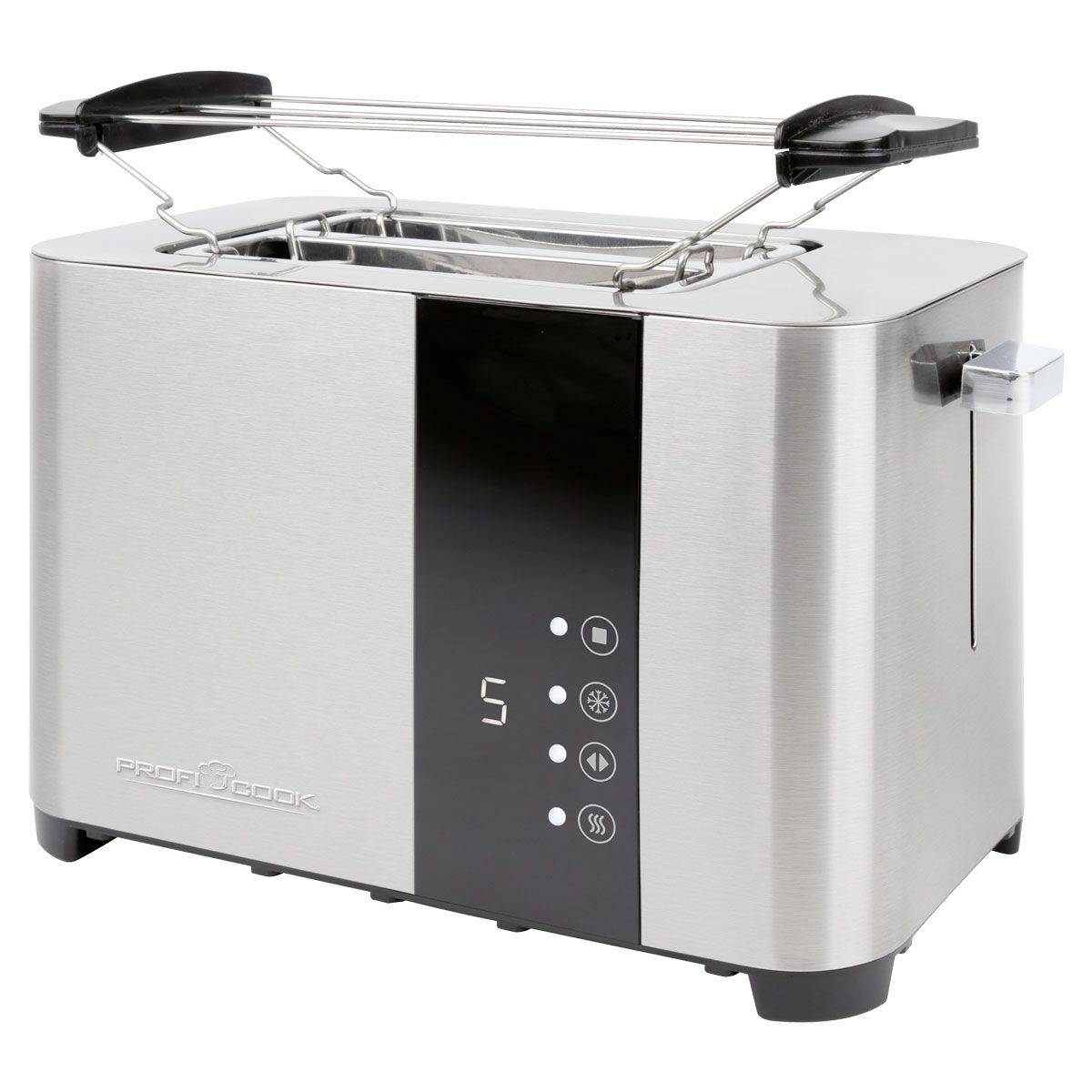 A modern stainless steel toaster with a digital display and control panel on the front. Suitable for toasting bread.
