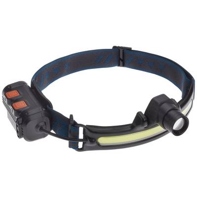 A black LED head torch with headband and two red buttons, suitable for nighttime outdoor activities.