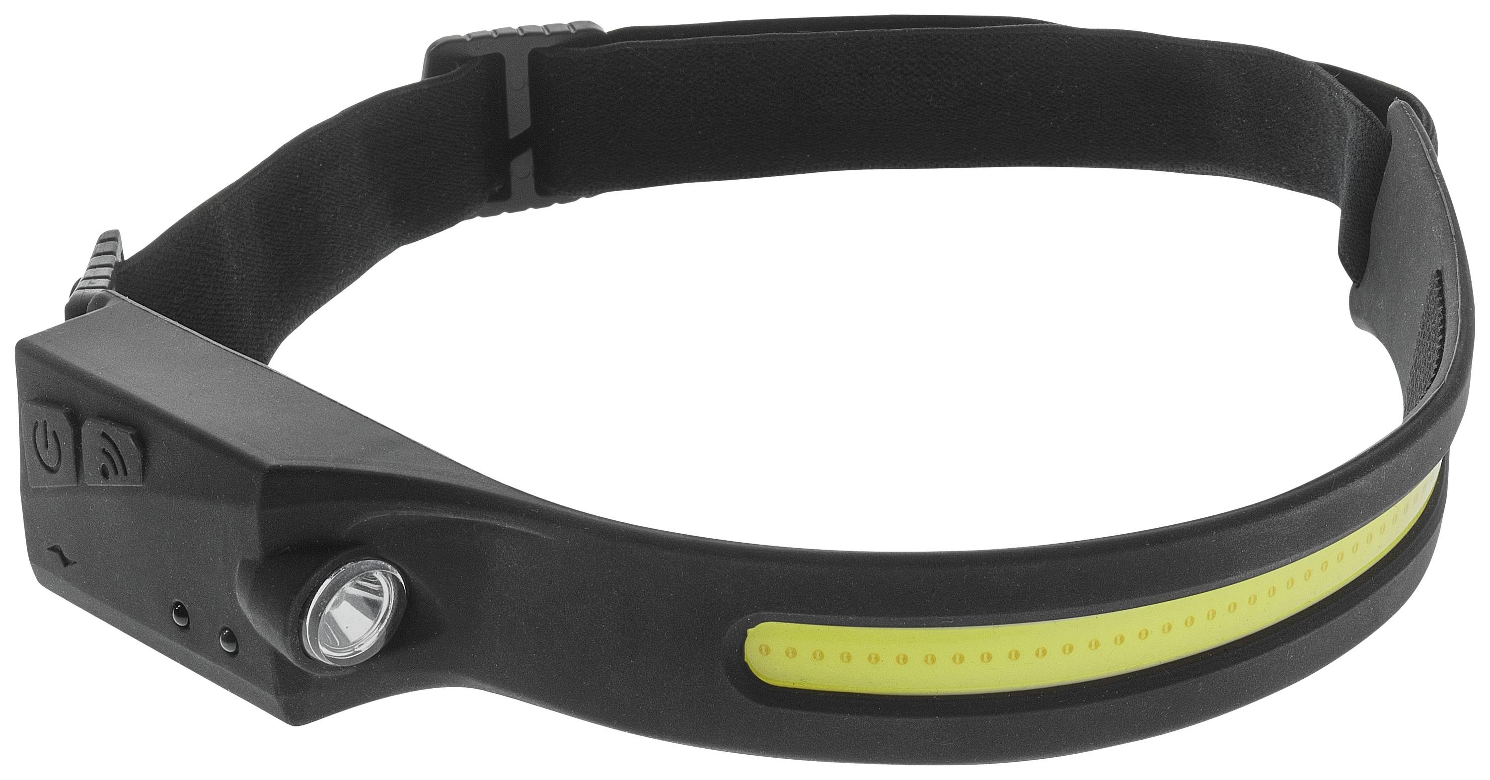 Head torch with adjustable strap, side light, and yellow light band. Perfect for outdoor activities after dark.