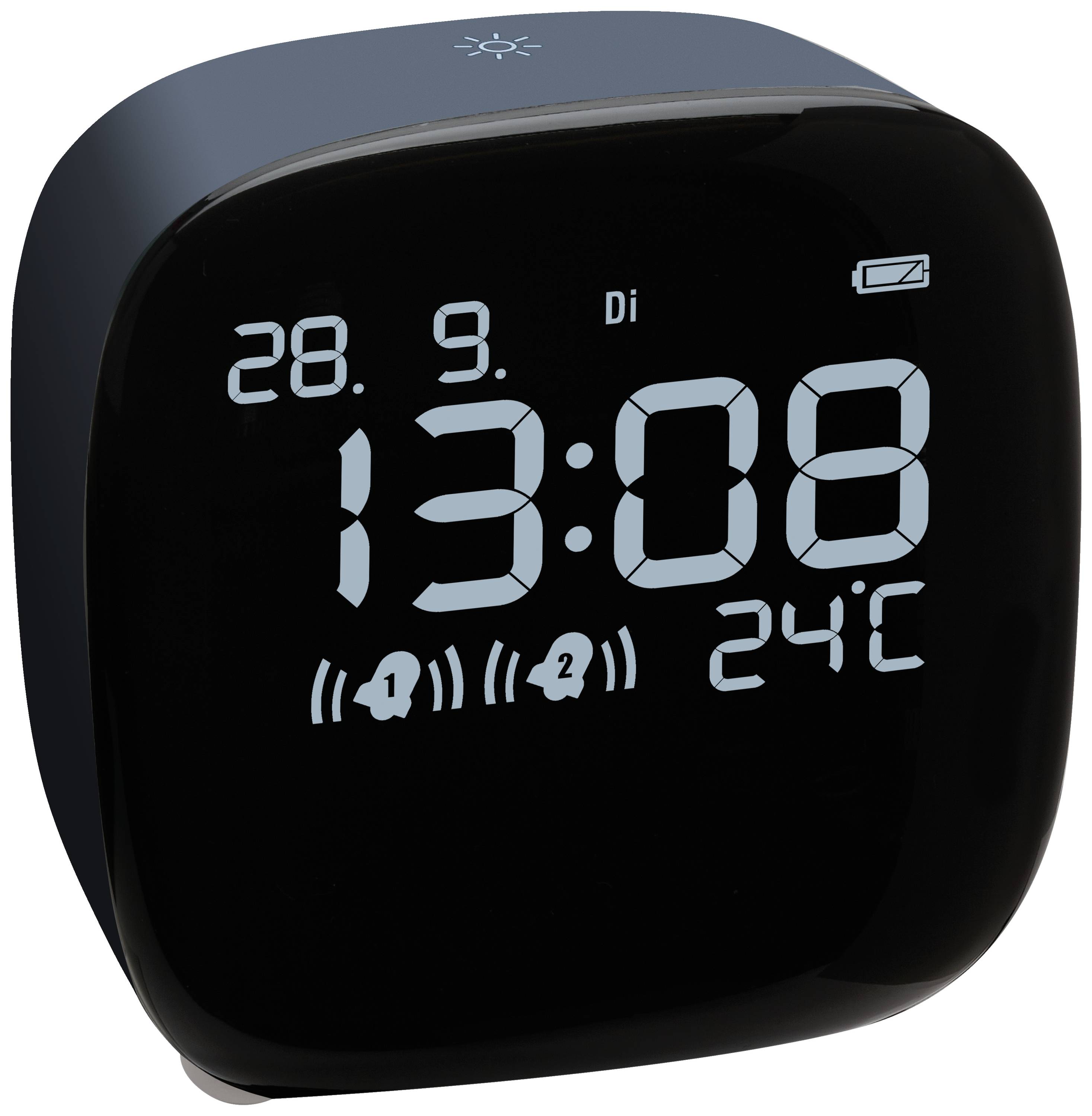 Digital alarm clock displays time '13:08', date '28.9.', day of week 'Tue', temperature '24°C' and two activated alarm icons.