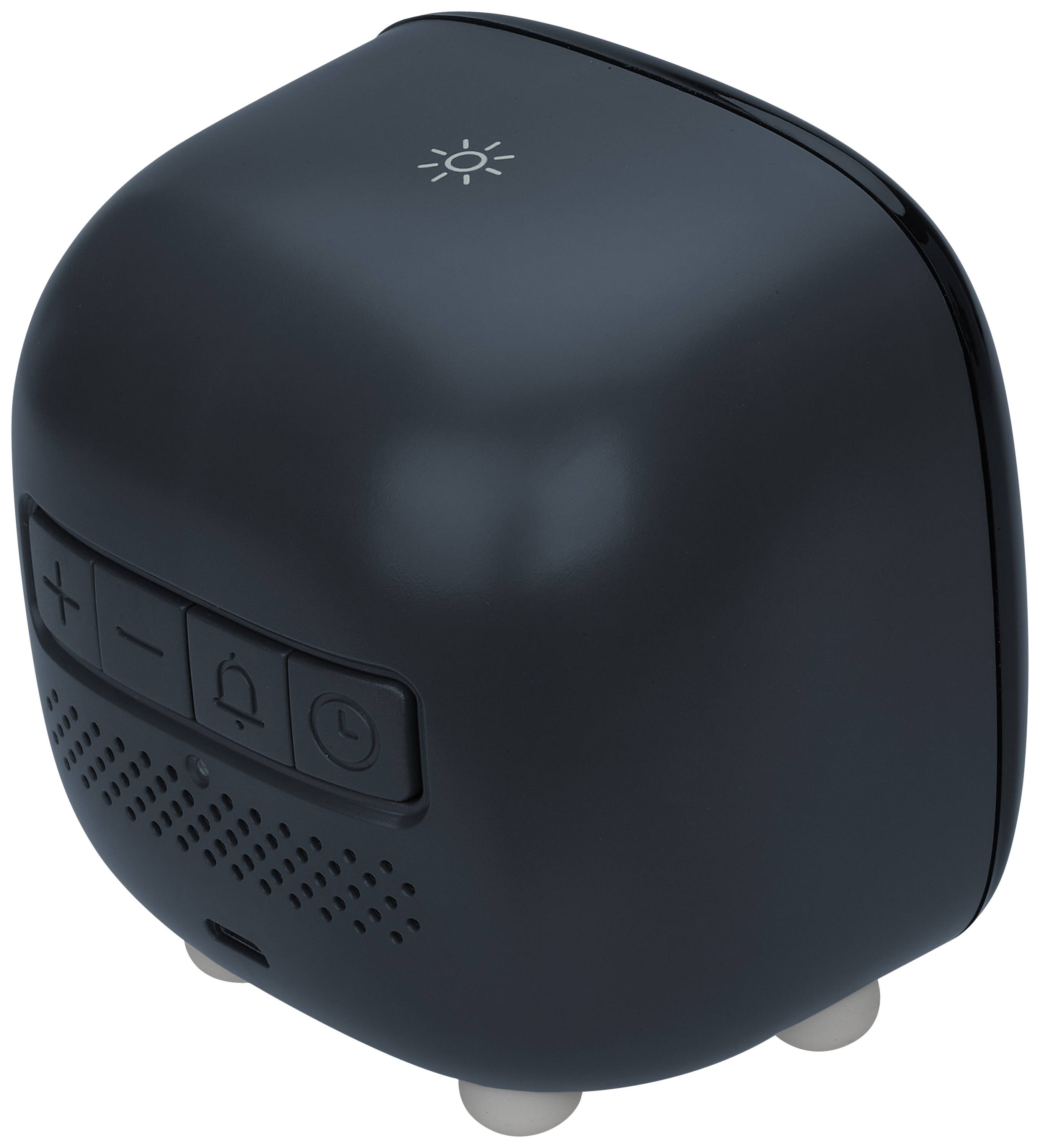 Black, square device with rounded corners. A sun symbol at the top. Front side with volume and power buttons.