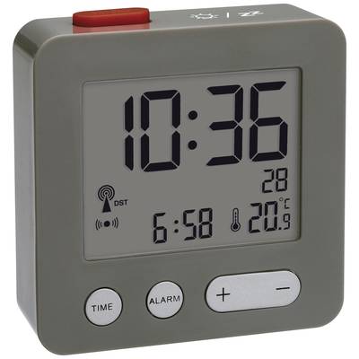 Electronic desk clock shows 10:36, 28th day, 20.9 degrees Celsius, alarm time 6:58. Functions for time, alarm, plus/minus setting.