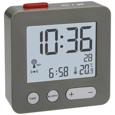 Electronic clock with large display showing the time 10:36, the date 28th and 20.9°C. Buttons below: 'Time', 'Alarm', '+' and '-'.