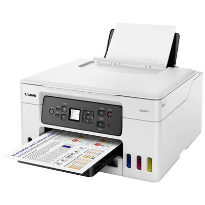 A white Canon Maxify series printer with a built-in display and buttons is printing a coloured document with graphics and text.