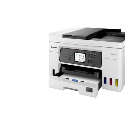 A white printer with an open paper tray and visible ink cartridge. Canon 'MAXIFY' model, displaying a small screen.