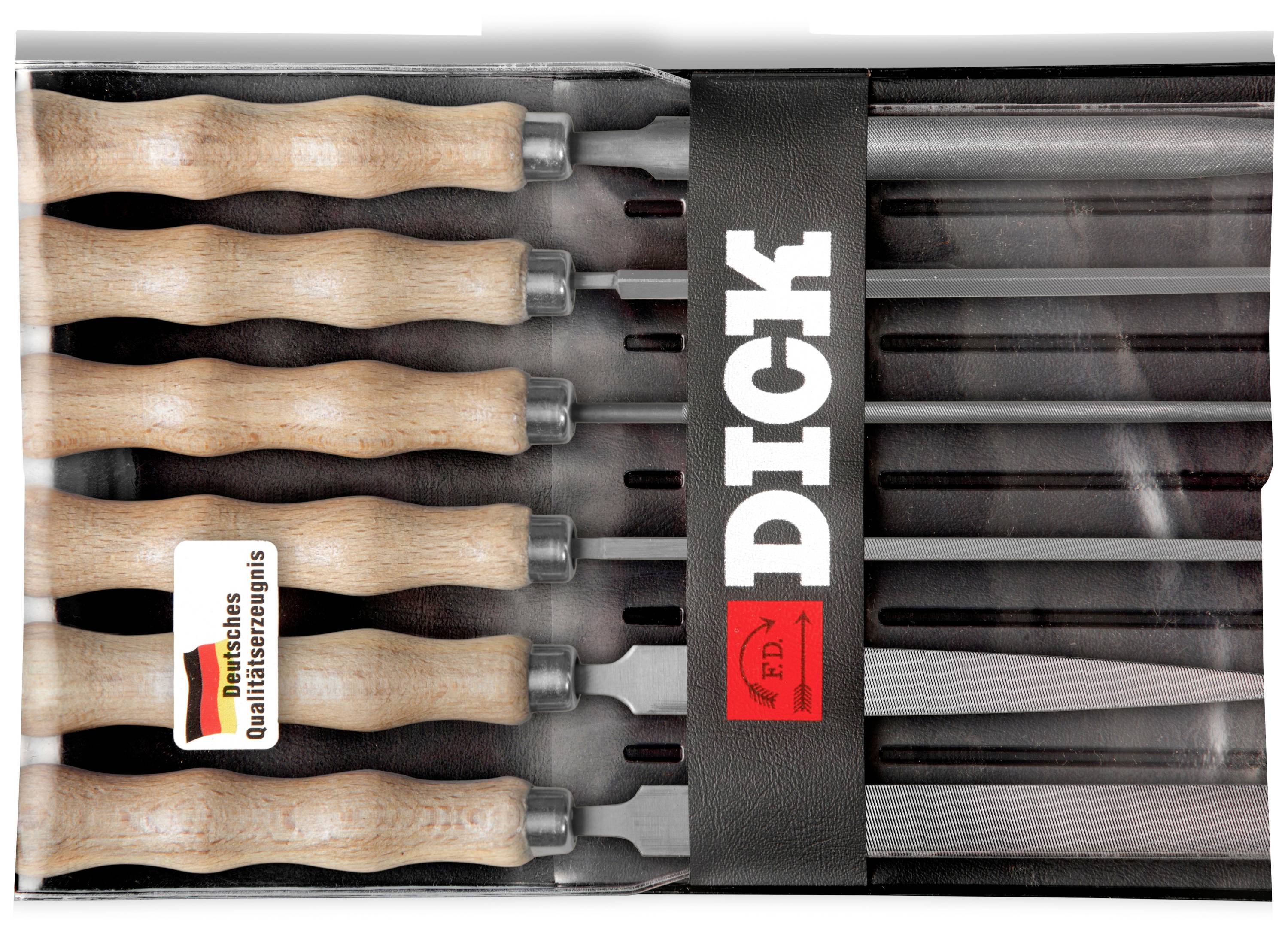 A set of high-quality wooden files with wooden handles and a black leather holder, brand 'DICK'.