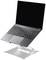 A laptop is positioned on an adjustable silver stand, which raises the screen to a higher level.