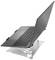 A black laptop sits on a silver, adjustable laptop stand.