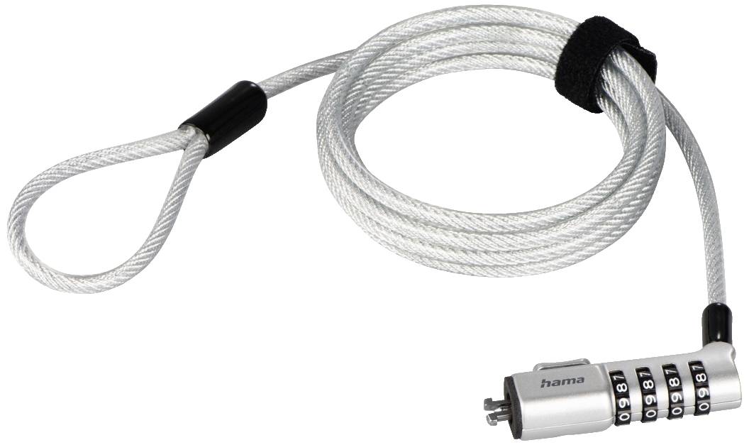 Steel cable lock with combination lock, silver-coloured, suitable for securing items.