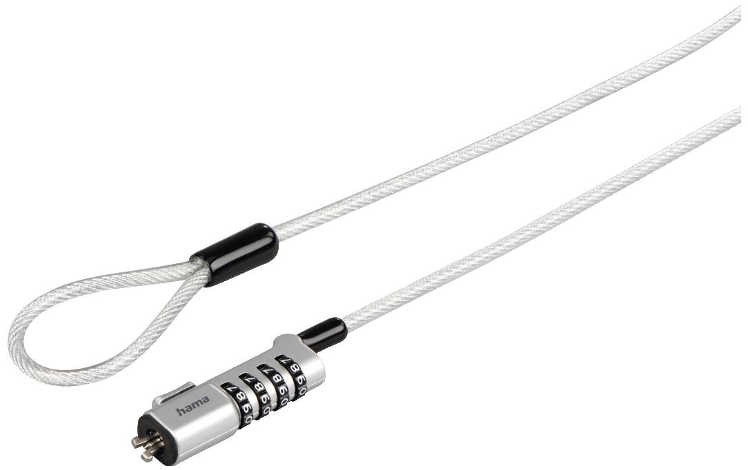 Silver combination lock with steel security cable. Ideal for securing laptops. The lock has a four-digit number code.