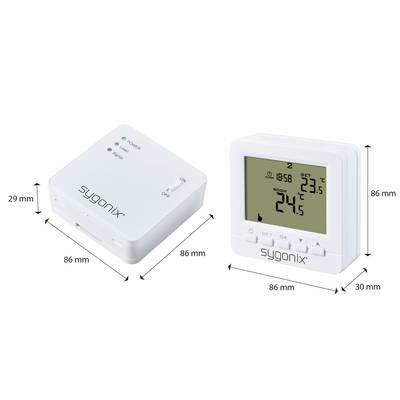 Two sygonix devices: on the left a receiver with LED indicators, on the right a thermostat with display. Dimensions: 86x29mm and 86x86mm.