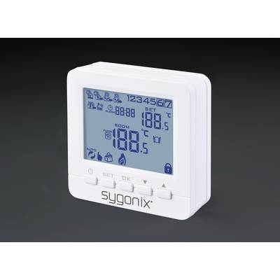 Digital thermostat with blue display showing current room temperature 18.0°C, set temperature 18.5°C and settings symbols.