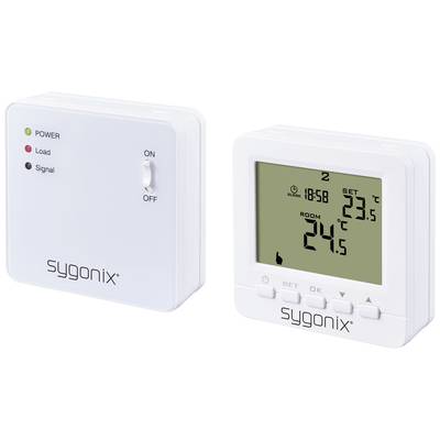 Two devices: On the left, a switch with 'Power', 'Load', 'Signal'. On the right, a digital thermostat, displaying room temperature of 24.5°C.