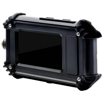 A black camera with a robust protective casing and digital display on the back, suitable for outdoor activities.