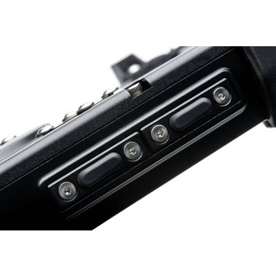 Close-up of an electronic device with multiple rows of buttons.