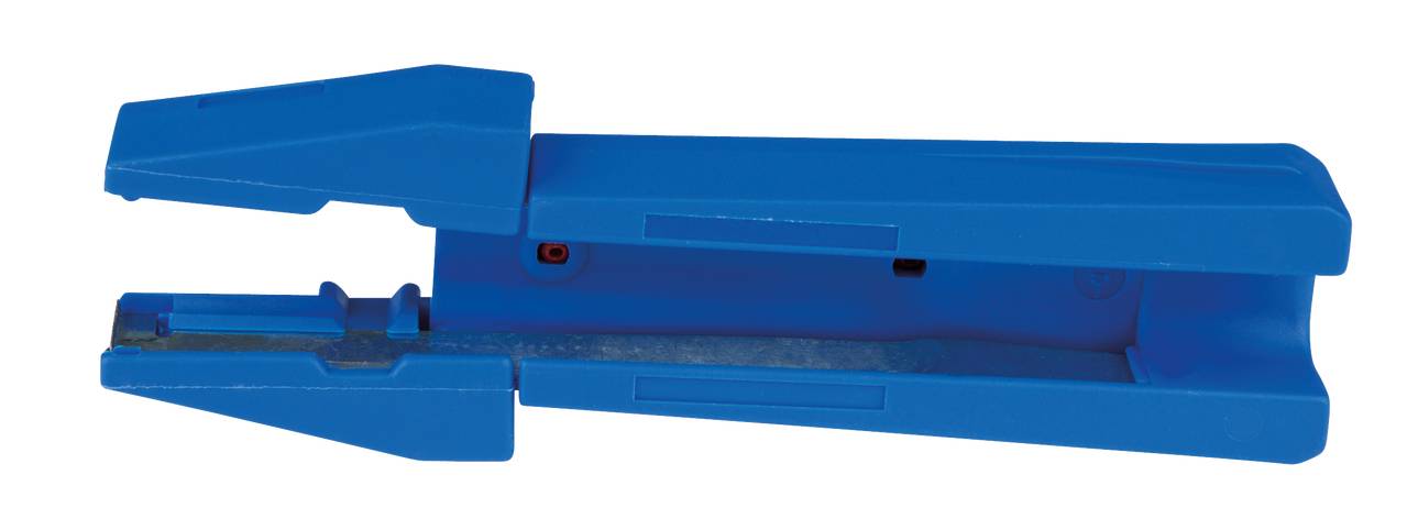 A blue hole punch, open and lying on its side. The metal parts for punching holes in paper are visible, perfectly suitable for office work.