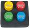 Four colourful wheel valve caps in a foam holder: Yellow with 'LF', Red with 'RF', Green with 'LR', Blue with 'RR'.