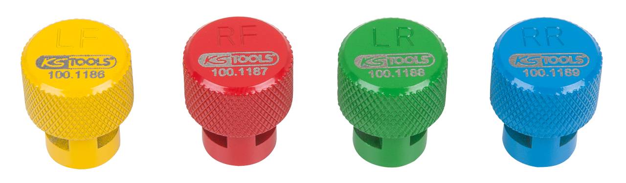 Four colourful tyre valve caps in Yellow, Red, Green and Blue, each marked with 'LF', 'RF', 'LR', 'RR' for tyre positions.