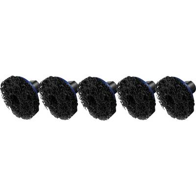 Five black, round cleaning pads with a rough surface arranged in a horizontal line.