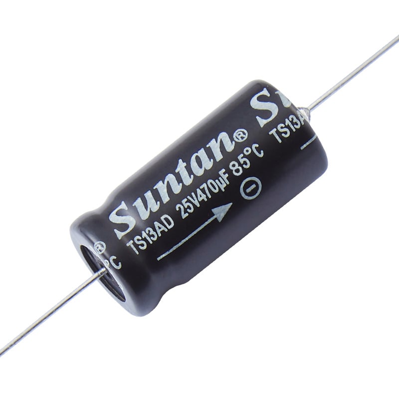 Black electrolytic capacitor with the inscription 'Suntan TS13AD 25V470μF 85°C'. Cylindrical shape with two wire connections.
