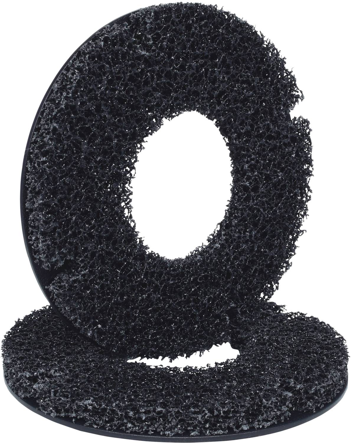 Two black, coarse-mesh cleaning pads, stacked on top of each other, with a rough texture. Suitable for removing stubborn dirt.
