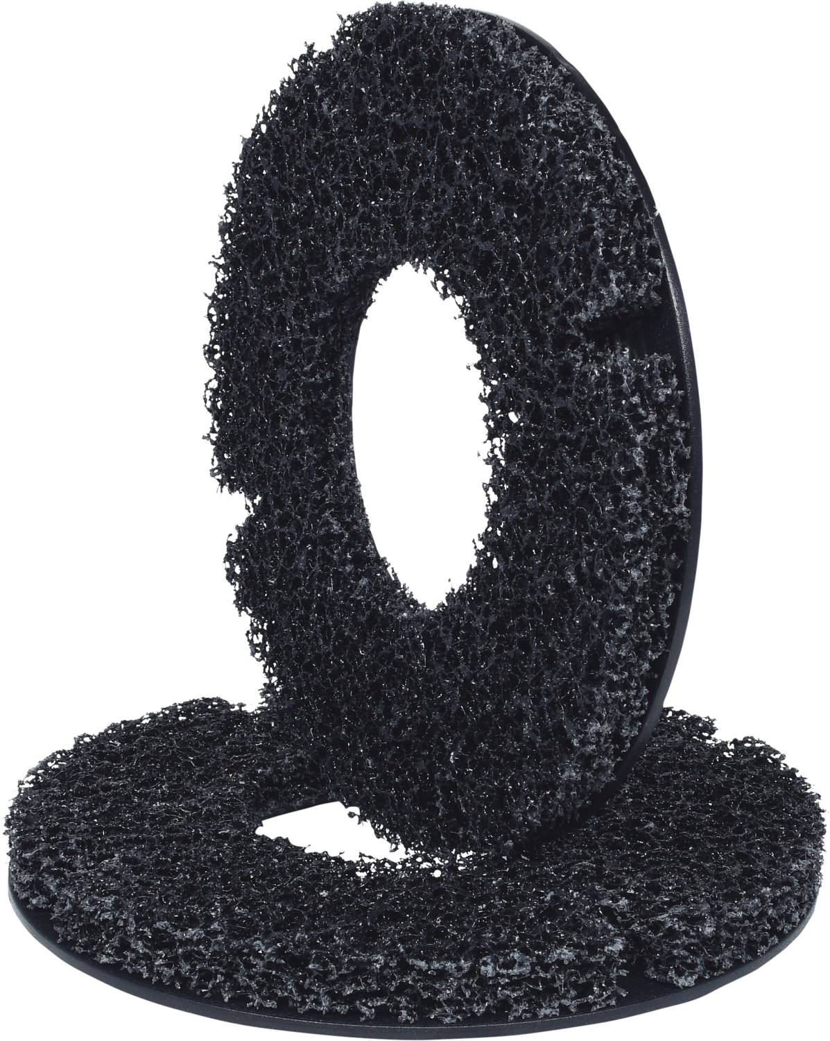 Two black, open-pore sanding pads arranged one on top of the other; one standing upright, one lying down. They are round and textured.