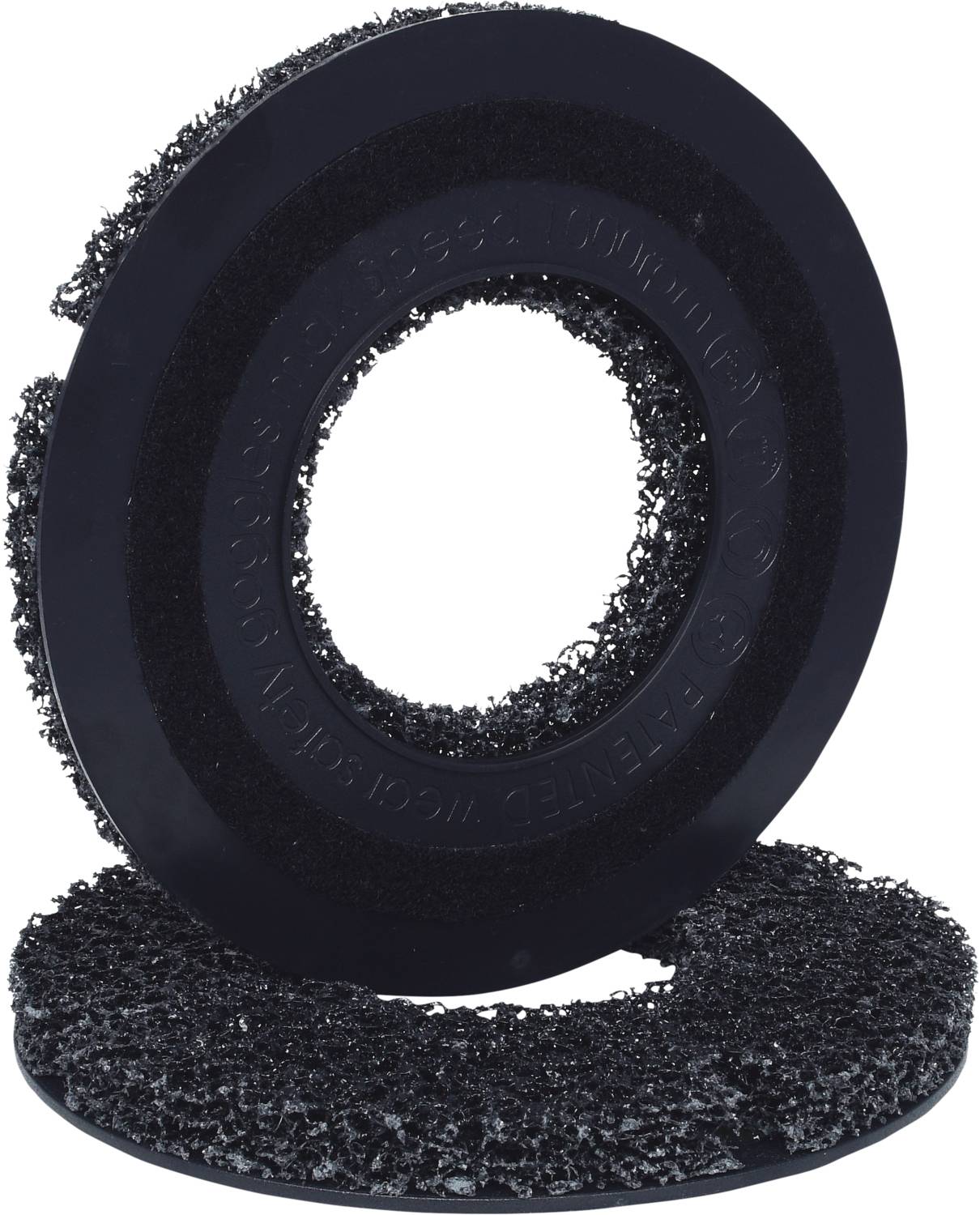 Two black cleaning discs with a textured surface placed one on top of the other.