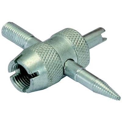 A silver-coloured metal valve core tool with four different ends, suitable for unscrewing and tightening valves.