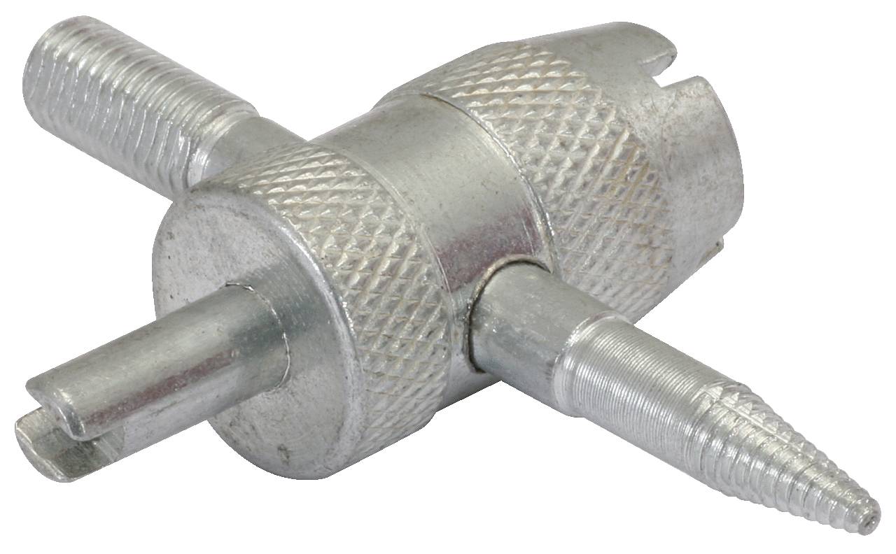 A silver metal tool with four different attachments on short pins, used for specialised assembly purposes.