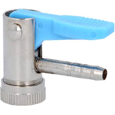 Metal clip with a blue lever, commonly used for securing hoses to pumps.