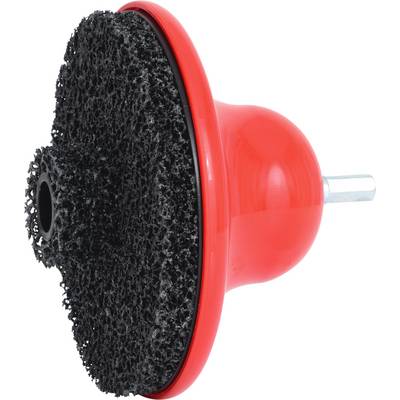 Round abrasive tool with a black, rough surface and red plastic casing. Used for cleaning and grinding work.