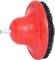 Red grinding tool with a black bristle side and metal adapter, primarily used in woodworking and metalworking.