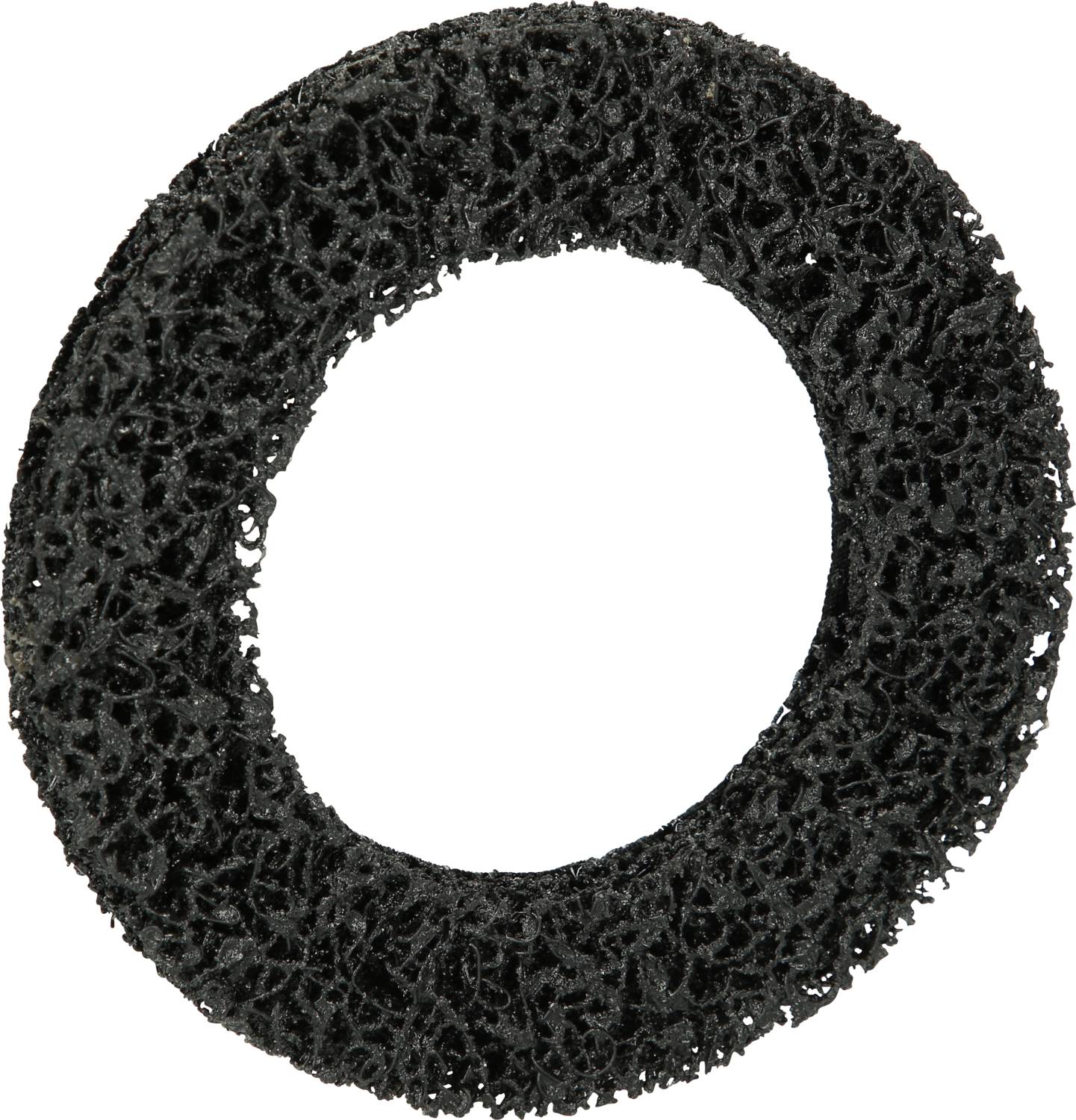 Black porous cleaning sponge in ring shape, ideal for polishing or sanding.