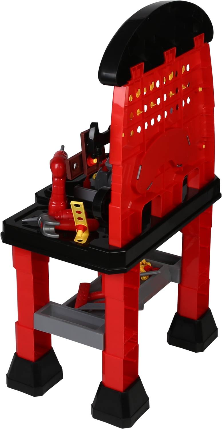 Red, child-friendly workbench toy with drill and spanner, standing on four sturdy legs.