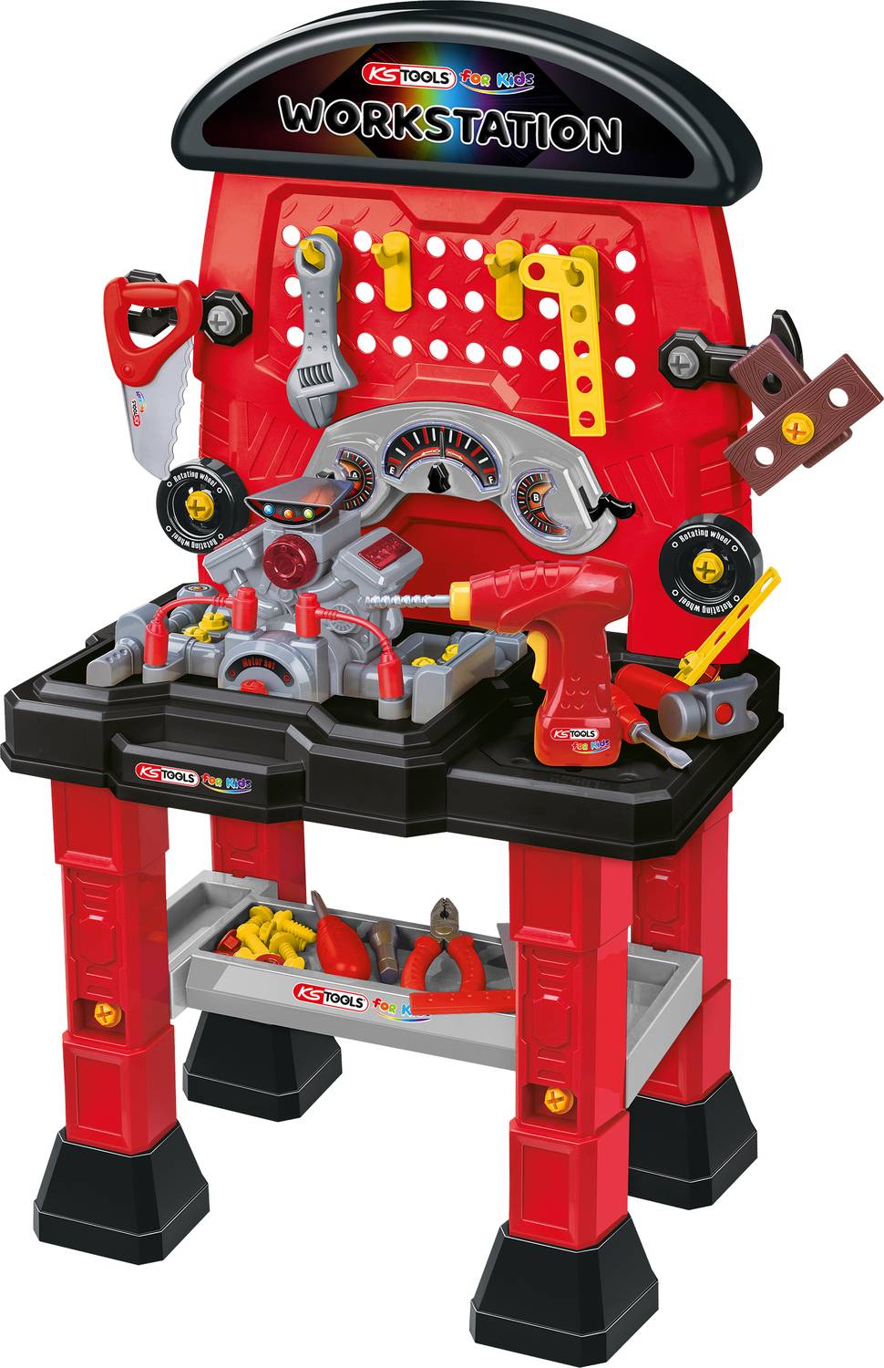 Toy workbench with a red backboard, black work surfaces, and red tools; includes a saw, hammer, and spanner.