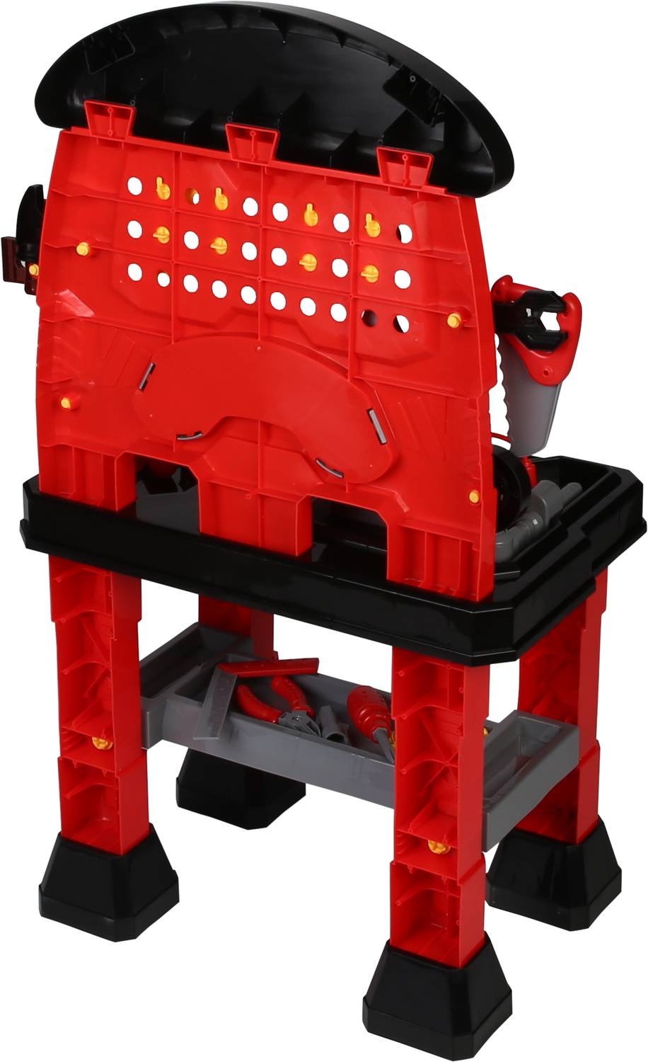 Red workbench for children with black accents, equipped with various tools and accessories on the shelves underneath.