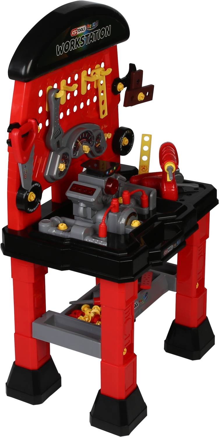 Toy Workbench for Children with Tools and Accessories in Red and Black. Includes Hammers, Screwdrivers and Spanners.