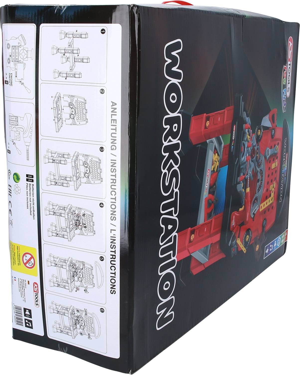 Toy set packaging with a model image of a red toy vehicle and side-mounted assembly instructions.