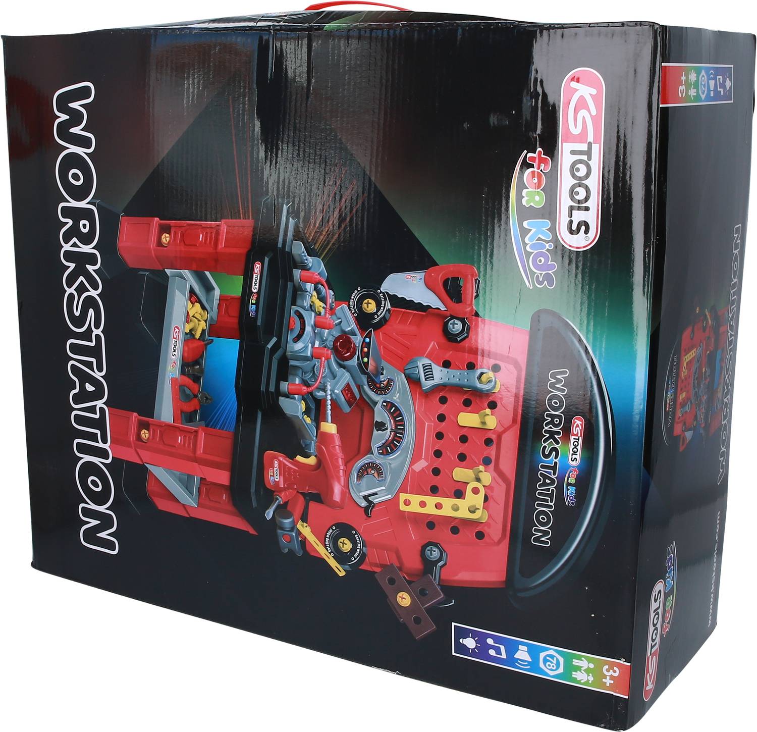 Toy workshop for children in a black box with the inscription 'Workstation' and colourful tool illustrations.