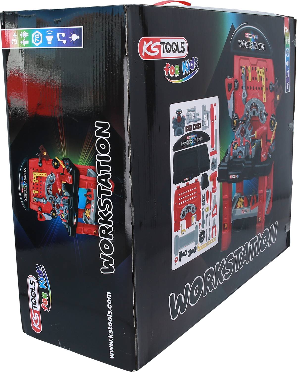 Toy Workbench for Children by KS Tools in Cardboard Box, showing images of the workbench with tools and accessories on a black background.
