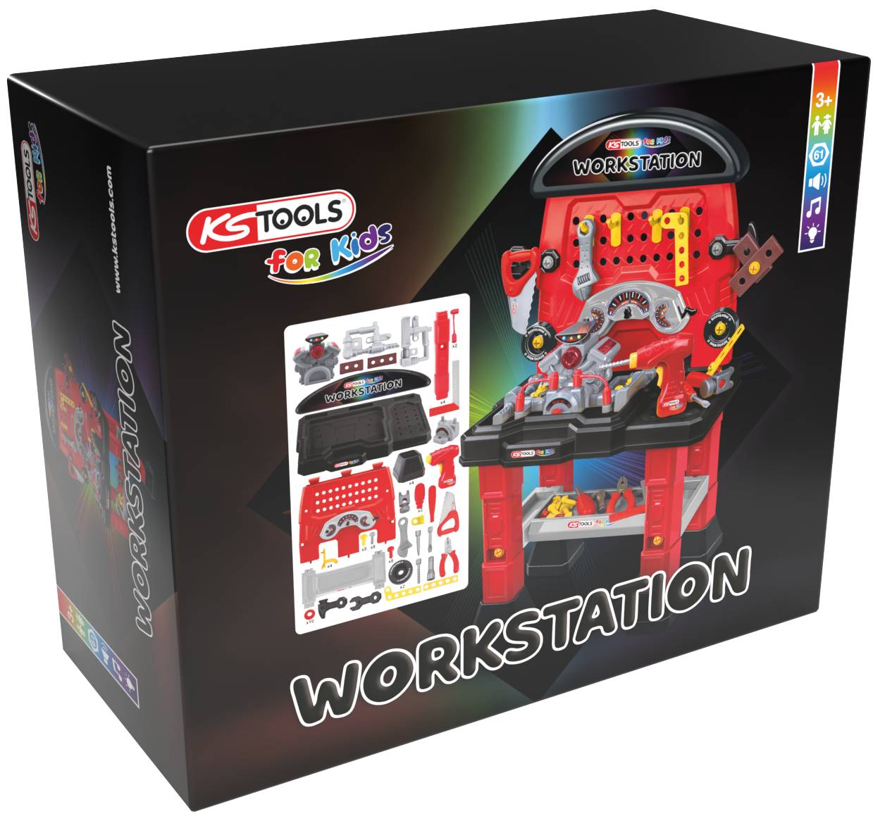 Children's Toy Workbench, includes tools and accessories, suitable for children aged 3 and over. Packaging displays an image of the set.