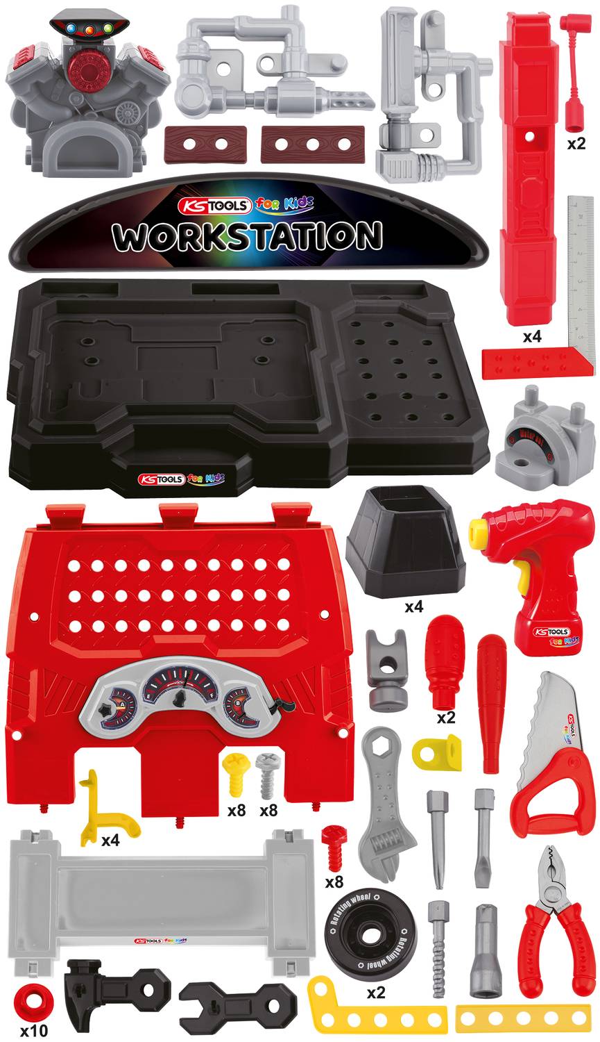 Toy tool set for children with workbench, screwdriver, drill, nuts and bolts in various colours.