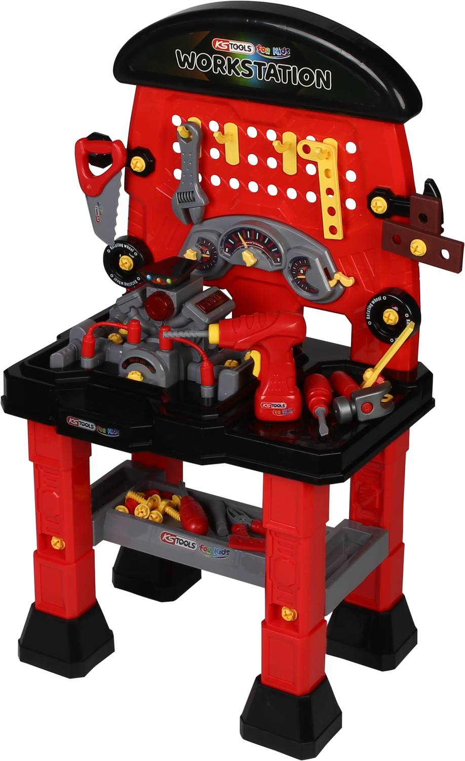 A toy workbench for children with red and black design, includes tools such as a saw, screwdriver and spanner.