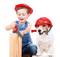 A laughing boy in dungarees is sawing wood next to a dog with a red helmet in its mouth. Both are wearing red hard hats.